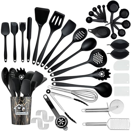 Küchenutensilien Set, Pleafind 36 PCS Silikon Kochutensilien für Antihaft-Kochgeschirr, Hitzebeständige Küchenwerkzeuge, Löffel Wender Spatel Schöpfkelle Set, Schwarzes Küchenzubehör