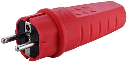 Spina in Gomma da Esterno, 230V, 16A, IP44, Cavo di Corrente Fino a max. 2,5 mm², Spina Infrangibile, Spina Impermeabile, Spina con Protezione Antipiega, Spina con Contatto di Terra (Rosso)