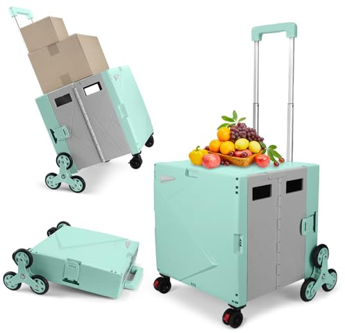 SELORSS Foldable Shopping Trolley 55L Utility Cart with Seat 8-Wheel | Adjustable Handle, Foldable Storage Box, Cup Holder, 80kg Capacity, Multi-Purpose, Shopping/Home/Office/Camping, Green Grey