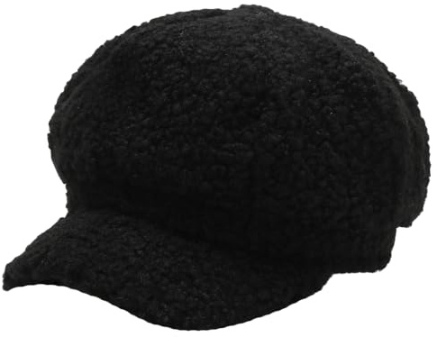 Women's Lamb Wool Newsboy Cap Casual Fleece Visor Cap Plush Fur Beret Hat Ladies Winter Warm Fluffy Painter Hat Black