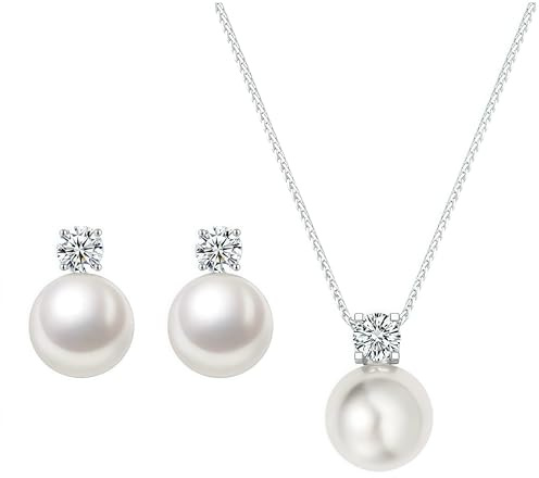 Silver Pearl Stud Earrings and Necklace Set - Minimalist Trendy Hypoallergenic Wedding Earrings for Women