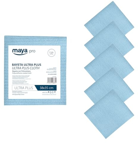Maya - Bayetas de Microfibra | 38x35 cm | Pack de 5 Paños Ultra Plus Antibacterias y Antical para Limpieza de Cocina, Cristales y Acero Inoxidable sin Rayas (Azul)