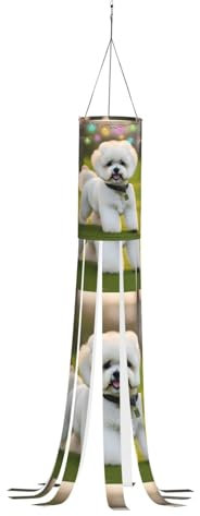 Bichon Frisé-Hund auf dem Gras, festlicher Windsack – Halloween-Geister-Dekorationen, ästhetische Herbst-Windsäcke für den Außenbereich