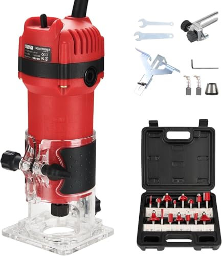 TEENO Rifilatore Fresatrice Verticale 800W 31000 RPM con Con Copertura Antipolvere, Legno Rifilatrice Elettrica Con 15 pezzi 1/4 Fresatura Cuter e Mandrino 6/6.35 mm, Per lavorazione del legno