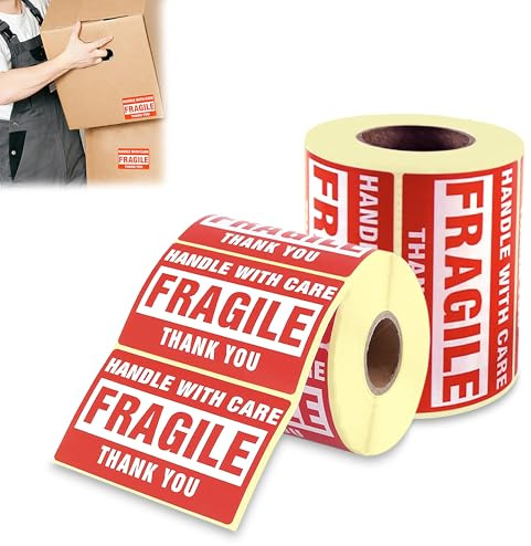 GLUN Rollo de pegatinas frágiles de 60 x 40 mm, calcomanías de advertencia de cuidado directo del papel térmico 600 etiquetas, etiquetas adhesivas fuertes rojas frágiles con para envío, embalaje de