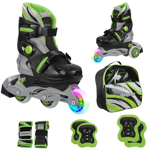 JAMBACH Kinder Inline-Skates mit Schutzset verstellbar zum Rollschuh mit Led (Grün-Schwarz, XS (26-29) ohne Helm)