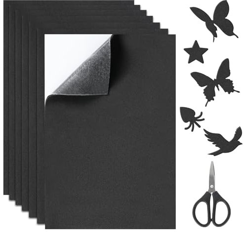 7 Pezzi Gomma Eva Adesiva 3mm, Feltro Adesivo Nero A4 con Forbici, Tappetino Adesivo Antiscivolo con Supporto Adesivo, Fogli di Schiuma EVA per DIY Mobili Porte Finestre Artigianato