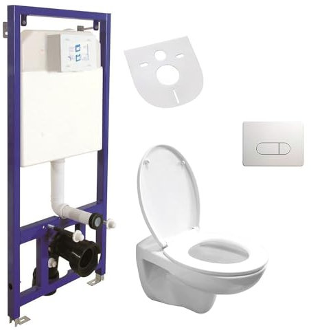 Belvit Hänge WC Komplettset - Basic Vorwandelement + Wand Toilette Weiß Spülrandlos mit Toilettendeckel mit Absenkautomatik + Betätigungsplatte + Schallschutz - Komplettset Toilette