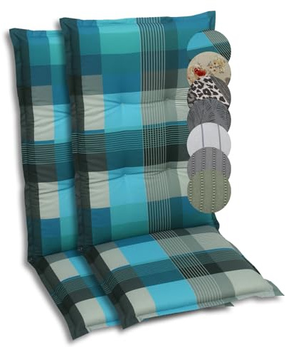 GO-DE Textil Bequeme und attraktive Polsterauflagen für Hochlehner-Gartenstühle (2er-Set, Karo Petrol/Grau, Hochlehner)