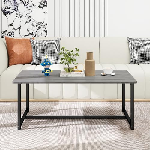 VERFARM 35.4 Rectangular Coffee Table for Living Room, Modern Industrial Style Coffee Table Center Table with Metal Frame for Small Space, Apartment, Office, Easy Assembly, Grey