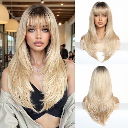 Esmee Lange Glatte Ombre Blonde Perücke mit Pony für Damen- 24IN