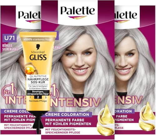 Palette Intensiv Creme Coloration U71 Kühles Silbergrau (3x 115 ml), permanente Haarfarbe für leuchtende, langanhaltende Farbbrillanz & SOS-Intensiv-Kur Oil Nutritive (15 ml) Haarkur