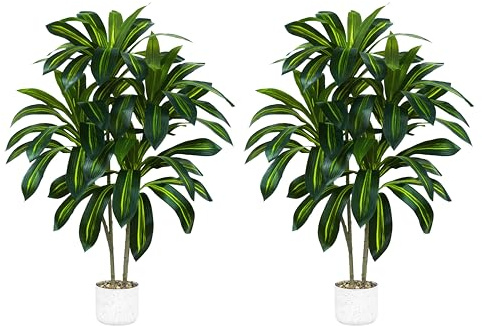 TXABL Lot de 2 arbres artificiels Dracaena de 120 cm de haut, plantes artificielles d'intérieur avec pot de fleurs blanc, 1,2 m, yucca artificiel en pot pour extérieur, maison, bureau, salon, chambre
