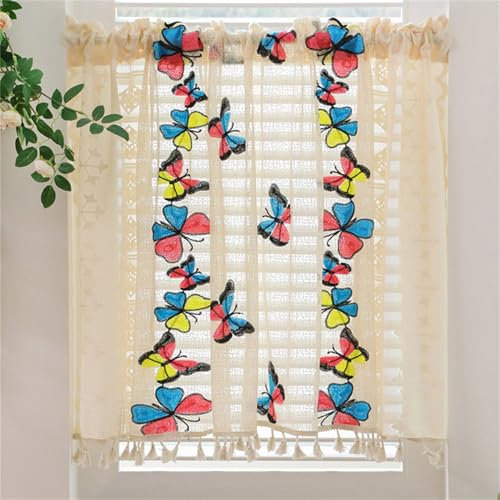 CULASIGN Leinen Scheibengardine Bistrogardine, Schmetterling Lichtfilterung Halbtransparent Kurzgardine mit Spitzen für Küche Wohnzimmer (140 x 60 cm,1 Stück)