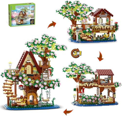 TOY PLAYER 959PCS 3 in 1 Baumhaus Bauspielzeug Set mit Licht, Garten Häuser Bausteine Bauset, Forest Flowers Haus Bausteine Bausatz, Blumen Baumhaus Architektur Klemmbausteine, Kompatibel Mit Lego