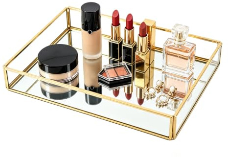 Gold Rectangle Mirror Tray, Perfume Tray Earring Organizer 25x18x9 cm | Decorative Tray, Can Hold Perfume, Jewelry, Metal and Glass Fragrance Tray for Trinket Cosmetics Makeup