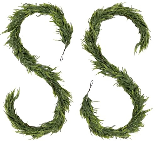 2Pack 9ft Christmas Garland, Artificial Norfolk Pine Garland for Fireplace, Table, Staircase – Realistic Faux Greenery Xmas Cedar Pine Garland for Indoor Outdoor Holiday Decoration