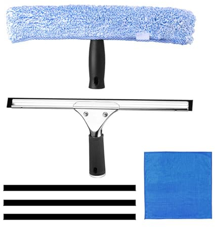 6Pcs Window Cleaning Equipment, 14 inch Silicone Squeegee and Microfiber Scrubber Window Cleaning Tools with 3 Rubber Strips, Glass Cleaner Tool Kit for Bathroom Shower Mirror Door Car