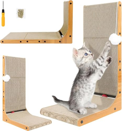 Rascador para gatos de 68 cm de alto, en forma de L, resistente con juguete de pelota, rascador de cartón para pared y esquina