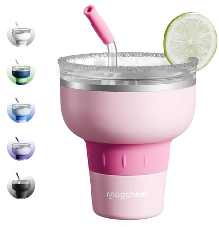 magcheer 500ml Margarita Tumbler with Lid and Straw | Insulated Travel Margarita Glass | Stainless Steel Cocktail Tumbler | Great Gift for Pool Party Vacation(Pink)