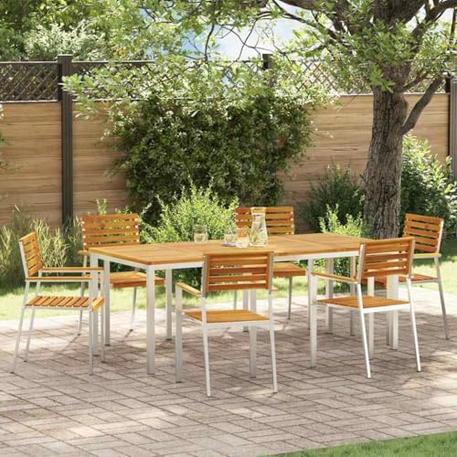 QJBSAVVA Lot de 7 meubles de jardin - 200 x 90 x 75 cm - En acier inoxydable et acacia - Design moderne - Inoxydable et durable - Pour balcon, terrasse, camping et table à bière