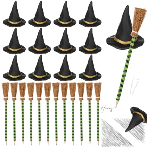 Fuyoooo 48 Pcs Witch Party Favors Set with 12 3D Small Witch Hat Eraser 12 Broom Broomstick Pencils for Party Favors Gifts Decoration Kids Classroom Reward Supplies (Broom Pencil,Green)