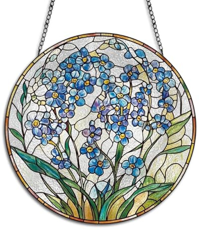 Vergissmeinnicht Sonnenfänger, Acryl Fensterdeko Hängend mit Kette, 20x20 cm Buntglasfenster Hängedeko für Fenster, Terrasse, Wand, Haus & Garten, Perfekt Abschiedsgeschenk für Freunde & Kollegen