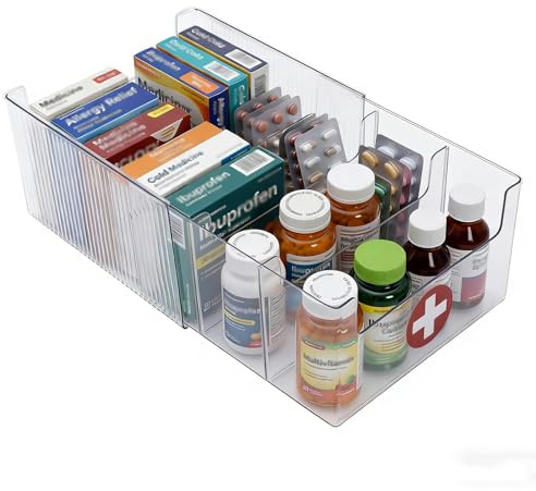 Mowhut Expandable Medicine Cabinet Organizer, Clear Medication Storage Bin with Removable Divider, Vitamin Bottle Organizer for Countertop Bathroom Cabinet, Prescription Bottle and First Aid Supplies