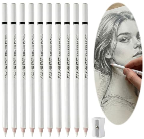 11PCS Eraser Pencil for Artists, Wooden Pencil Rubber with Portable Sharpener, Pencil Eraser for Sketching Charcoal, Highlight Eraser Pen Set for Revise Details