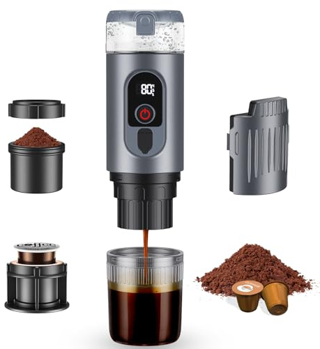 GJCrafts Macchina da caffè portatile 2 in 1 con batteria da 7650 mAh, pressione di 20 BAR, estrazione a caldo/freddo, per capsule e caffè macinato, portatile per ufficio, viaggi e campeggio (Grigio)