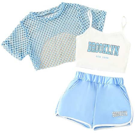 Generico Abbigliamento sportivo per bambina 3 Pz Completino Set Completivi da Estivi Maniche Corte con Pantaloncini Casual Mare Spiaggia Tuta Vacanze Festa Sportiva Regalo Ragazze per Compleanni#5i19