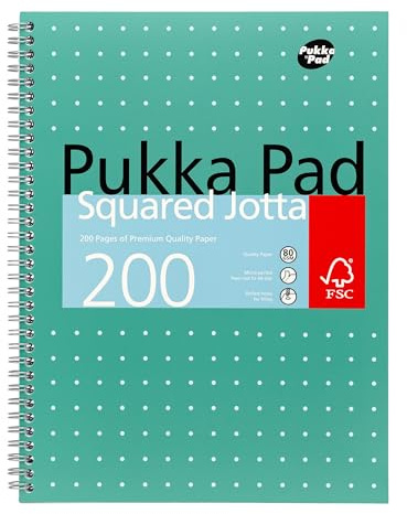Pukka Pad, A4 Squared Metallic Jotta Book Bulk 1 Pack – 29.7 x 23cm – Wirebound Notebook with 80GSM Paper – Features 4-Hole Punch Margins and Perforated Edges - 200 Pages, Green