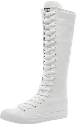 Jamron Filles Femmes Mode Genou Haut Lacer Bottes de Toile Pur Blanc Noir Fermeture Eclair Chaussures de Danse