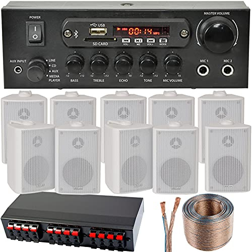 Var0082 Système d'enceintes murales Bluetooth – Kit d'ampli de Musique sans Fil pour Bar/Maison – Restaurant, Clubs, Pubs, cafés (5 Zones – Kit de 10 Haut-parleurs muraux) Blanc