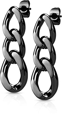 Bungsa Ohrstecker mit Kettenglieder-Anhänger aus Edelstahl Unisex (Schwarz)