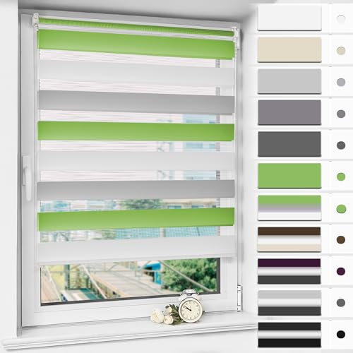 Magiea Doppelrollo Klemmfix ohne Bohren & mit Bohren, Grün-grau-weiß B70 x H150 cm Stoffbreite 66 cm, Klemmrollo lichtdurchlässig und Blickdicht, Fensterrollo Sonnenschutzrollo für Fenster