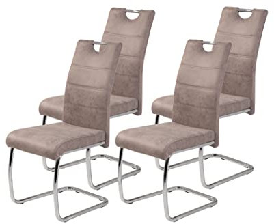 Hela Tische 4er Set Schwingstuhl, Küchenstuhl Flora II, Microfaser Vintage Beige, Rundrohrgestell verchromt, Lehne mit Griff
