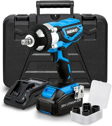 Neiko 10878A 1/2-Inch-Drive High-Torque Cordless Electric Impact-Wrench Kit with 20-Volt Lithium-Ion Charging Battery and 4 1/2-Inch-Drive Sockets
