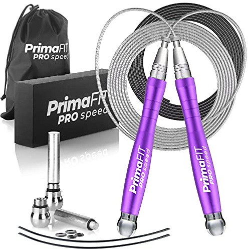 PrimaFIT Springseil Erwachsene Fitness Seilspringen mit Gewichten Boxen | PRO Speed Profi Springseil, Hüpfseil, Skipping Jump Rope, Crossfit, Kugellager, 2x3 m Kabel Verstellbar, Schutzhüllen, Tasche