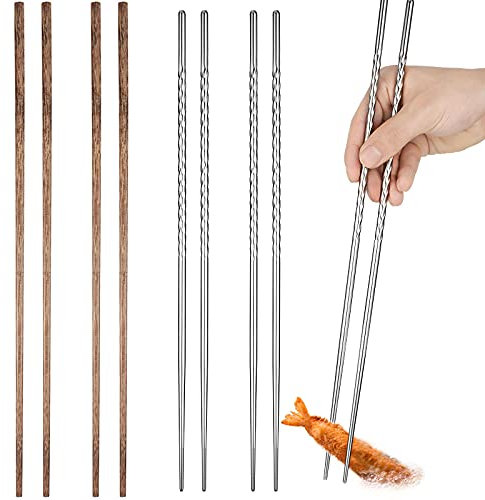 Patelai 4 Pairs Long Cooking Chopsticks 15.3 Inch & 16.5 Inch Extra Long Stainless Steel Wooden Noodles Chopsticks for Kitchen Cooking Frying Hot Pot, Non Slip Threaded(Silver, Wood Color)