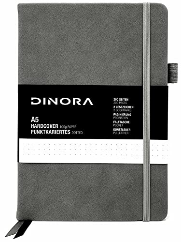 Dinora® Notizbuch A5 Hardcover - Dotted Bullet Journal - PU Leder - 200 nummerierte Seiten - 100g Avery Papier - Grau