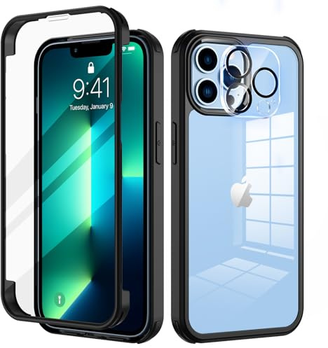 seacosmo für iPhone 13 Pro Hülle mit eingebautem Panzerglas Displayschutz und Kamera Schutzfolie [9H HD], 360 Grad Handyhülle Ganzkörper Stoßfeste iPhone 13 Pro Case - Schwarz