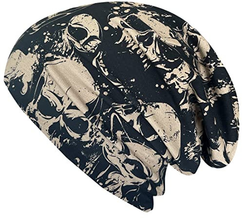 Wollhuhn Kinder Beanie – Zweilagige Longbeanie aus Jersey, wendbar & weich – innen grau – Handmade in Deutschland – ganzjährig (DE/NL/SE/PL, Numerisch, 52, 54, Skulls Taupe/Schwarz)