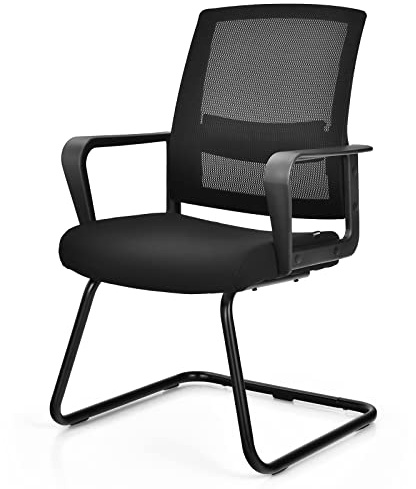 COSTWAY Meeting Office Chairs, Mid-Back Mesh Reception Chair with Adjustable Lumbar Support and Sled Base, Padded Conference Armchairs Executive Computer Desk Chair (1, Black, 60x57x95cm)