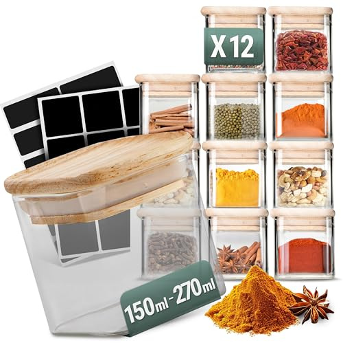Stapelbare Gewürzgläser Set 210 ml Eckig - 12 Stück - Vorratsdosen aus Glas luftdicht - Bambus Holzdeckel - mit Etiketten & Kreidestift - Gewürzaufbewahrung, Küchenorganisation, Vorratsglas