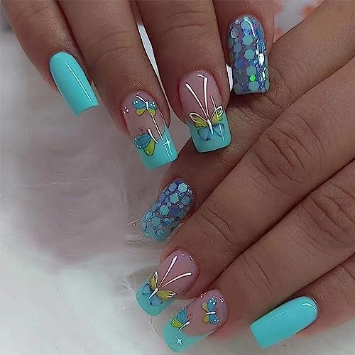 24PCs Medium Square False Nails French Tip Lake Blue Stick on Nails Butterfly Glitter Sequin Design Press on Nail Removable Glue on Full Cover Fake Nail Art Accessories for Women