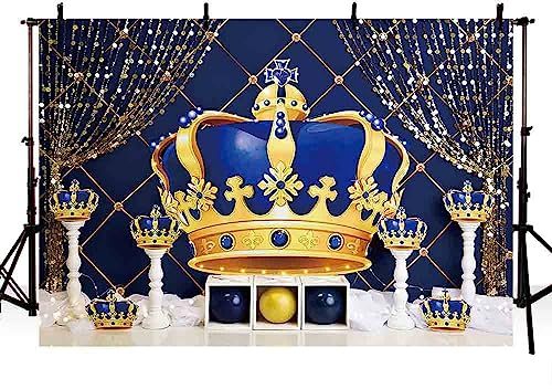 AIBIIN Toile de fond d'anniversaire pour garçon Bleu roi 2,1 x 1,5 m Couronne dorée Paillettes rondes Pompons Décoration de photographie Bannière Photo Bannière Accessoires de studio Fournitures