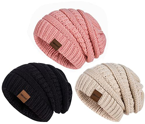 Hatromm Slouchy Mütze Damen Winter 3 Stück, Beanie Mütze Damen Herren Übergroß Warmer Strick Dick für Kaltes Wetter(Schwarz+Haferflocken+Rosa)