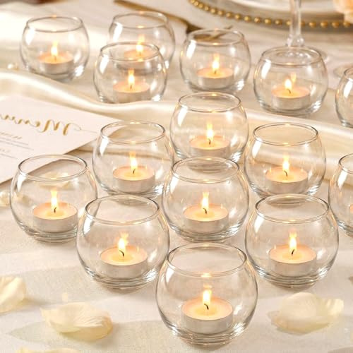 LAMORGIFT 24 Pcs Clear Candle Holders for Table Centerpieces- Small Glass Votive Candle Holders for Standard Tealights, Wedding, Bridal Shower, Birthday Party Table Decorations
