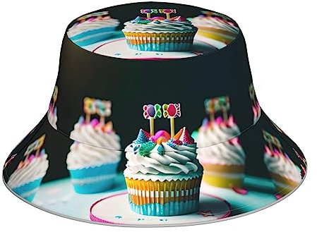 Chapeau cloche imprimé gâteaux d'anniversaire pour homme et femme - Pliable - Pour voyage, été, plage, soleil, randonnée, Gâteaux Joyeux Anniversaire, taille unique